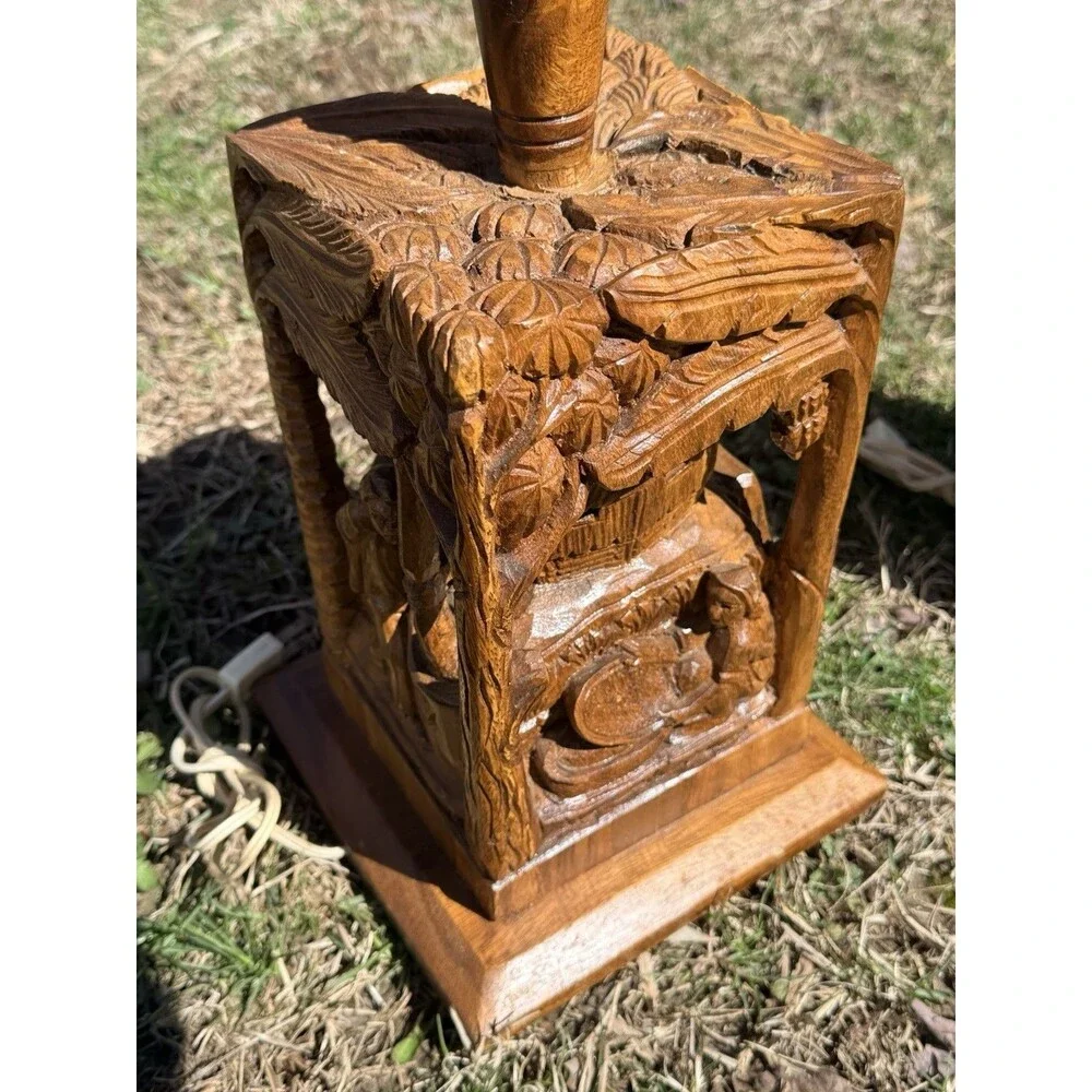 2 Vintage Rare Hand Carved Teakwood Table Lamps Tropical Farm Village Scene